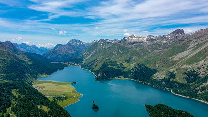 Aerial view over Lake Sils in Switzerland