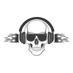 Vector skull logo with in headphones and glasses. Design element for printing. Rock rap music