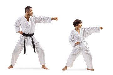 Child practicing karate with instructor