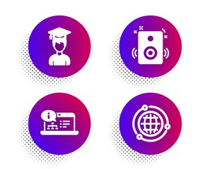 Student, Online documentation and Speakers icons simple set. Halftone dots button. Globe sign. Graduation cap, Web engineering, Sound. Internet world. Education set. Classic flat student icon. Vector