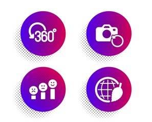 Full rotation, Recovery photo and Customer satisfaction icons simple set. Halftone dots button. Environment day sign. 360 degree, Backup data, Happy smile chart. Safe world. Technology set. Vector