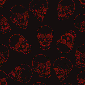 Vector Seamless Pattern of Sketch Skulls on Black Background