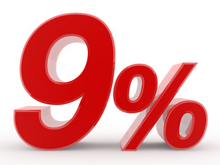 9 percent on white background illustration 3D rendering