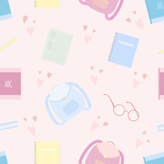 Vector seamless pattern with school satchel, books, pencils, glasses and hearts on pink background.  For decoration, invitation, fabric and textile print, wallpapers, covers, gift and wrapping paper.