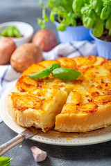 Sliced traditional potato pie.