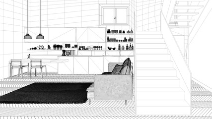 Blueprint project draft, minimalist modern white, purple and wooden kitchen in contemporary open space with staircase, living room with sofa and carpet, interior design concept idea