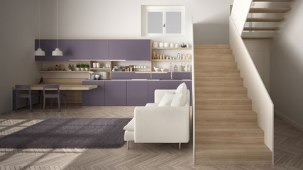 Minimalist modern white, violet and wooden kitchen in contemporary open space with clean staircase, living room with sofa and carpet, interior design architecture concept idea