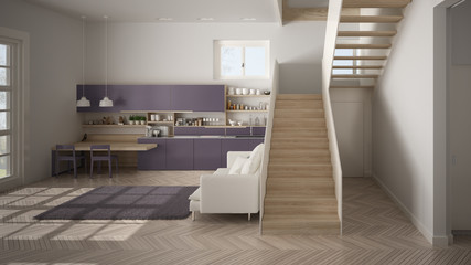 Minimalist modern white, violet and wooden kitchen in contemporary open space with clean staircase, living room with sofa and carpet, interior design architecture concept idea