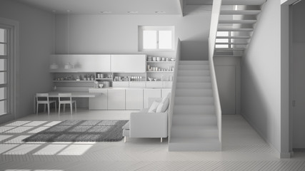 Total white project of minimalist modern kitchen in contemporary open space with clean staircase, living room with sofa and carpet, interior design architecture concept idea