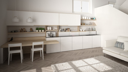 Minimalist modern white and wooden kitchen in contemporary open space with clean staircase, living room with sofa and carpet, interior design architecture concept idea