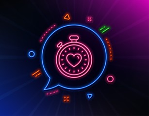 Heart in Timer line icon. Neon laser lights. Love symbol. Valentines day stopwatch sign. Glow laser speech bubble. Neon lights chat bubble. Banner badge with heartbeat timer icon. Vector