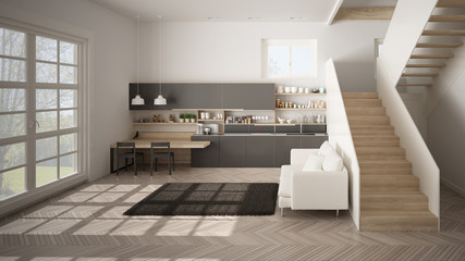 Minimalist modern white, gray and wooden kitchen in contemporary open space with clean staircase, living room with sofa and carpet, interior design architecture concept idea