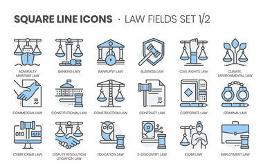 Law fields related, square line color vector icon set for applications and website development. The icon set is editable stroke, pixel perfect and 64x64. Crafted with precision and eye for quality.