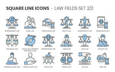 Law fields related, square line color vector icon set for applications and website development. The icon set is editable stroke, pixel perfect and 64x64. Crafted with precision and eye for quality. - Powered by Adobe