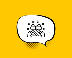 New year present line icon. Comic speech bubble. Christmas gift box sign. Surprise symbol. Yellow background with chat bubble. Gift icon. Colorful banner. Vector