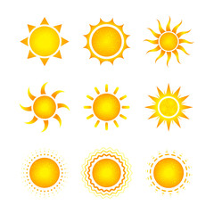 Set of nine different bright sun icons on white