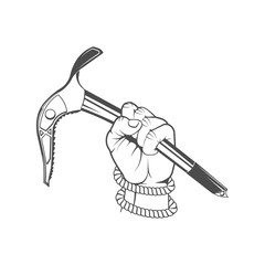 Vector logo concept. Rock climbing in summer and winter. Hand holds ice ax. Sport, activity, open air, lifestyle. Symbol emblem, element, print.