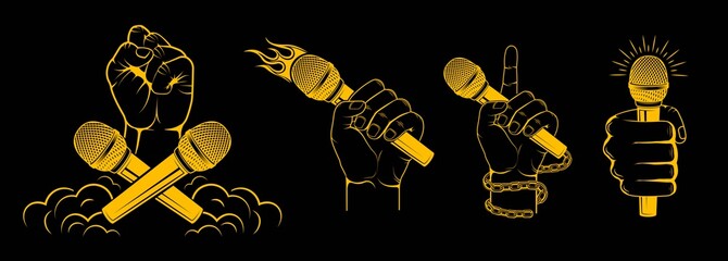 Vector logo. Set, collection. Hands holding a microphone. Design element for printing. - obrazy, fototapety, plakaty