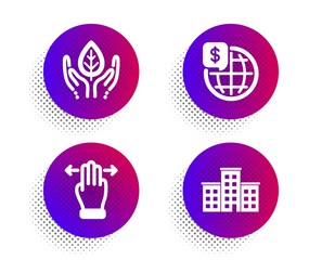 Multitasking gesture, World money and Fair trade icons simple set. Halftone dots button. Company sign. Swipe, Global markets, Safe nature. Building. Business set. Vector