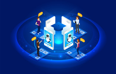 Concept e-learning illustrations. Bot teacher. Isometric Intelligence Learn. Technology and online training. Web study and lesson.