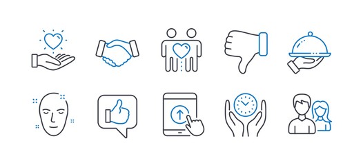 Set of People icons, such as Dislike hand, Hold heart, Like, Swipe up, Handshake, Health skin, Safe time, Friends couple, Restaurant food, Teamwork line icons. Thumbs down, Love brand. Vector