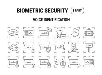 Vector graphic illustration. Set line icons. Voice identification. Outline design. Biometrics authorization. Person Recognition key. Digital access system. Cyber security. Web Sign, symbol.
