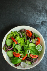 Healthy salad, leaves mix salad (mix micro greens, cucumber, tomato, onion, other ingredients). food background. copy space