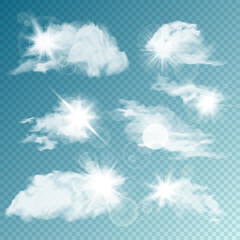 Realistic Clouds With Sun Collection. Isolated Cloud on Transparent Background. Sky Panorama With Sunlight Flare. Vector Design Element.