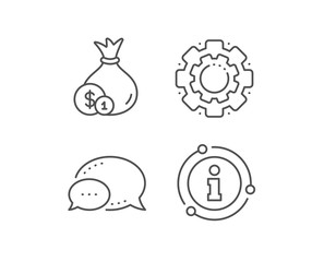 Money bag with Coins line icon. Chat bubble, info sign elements. Cash Banking currency sign. Dollar or USD symbol. Linear cash outline icon. Information bubble. Vector
