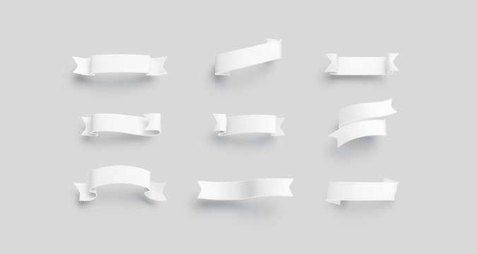 Blank white banderole mock up set, isolated, 3d rendering. Empty octoberfest emblem mockup, different types. Clear decorate ribbon for christmas or jubilee heading template.