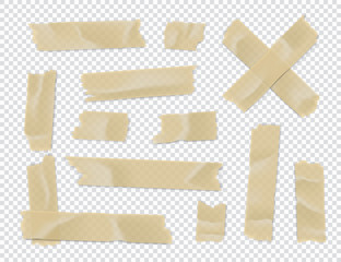 Adhesive tape set. Sticky paper strip isolated on transparent background. Vector illustration.