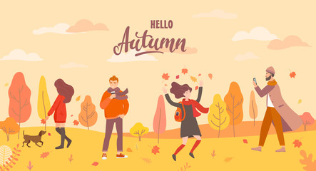 People in the autumn park in different situations - playing with the dog, jumping with fall leaves, man with phone and hipster with coffee. Men and women in season forest. Vector illustration.