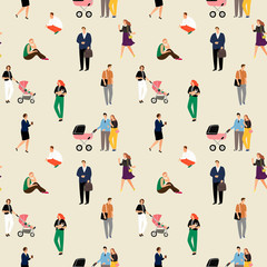Man woman walk with baby stroll. People pose sit and stand. Vector young family with stroller, leisure walking seamless pattern illustration