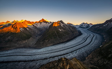 sunrise at the biggest glacier in the alps. biggest the famous Aletsch glacier in Switzerland. view...