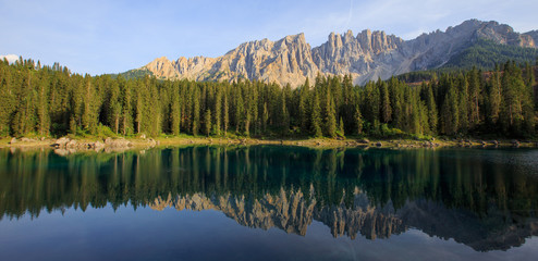 view over the Karer See to the mountain range Latemar