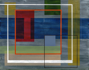 An abstract painting of linear structures and rectangles of thinly applied transparent paint.