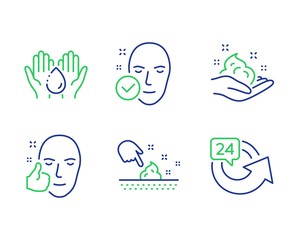 Skin care, Skin moisture and Wash hands line icons set. Healthy face, 24 hours signs. Hand cream, Wet cream, Clean face. Healthy cosmetics. Beauty set. Line skin care outline icons. Vector