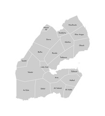 Vector isolated illustration of simplified administrative map of Djibouti. Borders and names of the districts (regions). Grey silhouettes. White outline