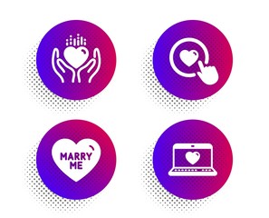 Hold heart, Like button and Marry me icons simple set. Halftone dots button. Web love sign. Care love, Wedding, Social network. Love set. Classic flat hold heart icon. Vector