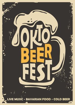 Oktoberfest promotional poster design idea with beer mug. Beer festival flyer concept on dark background and old paper texture. Vector image.