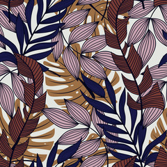 Abstract seamless pattern with colorful tropical leaves and plants on pastel background. Vector design. Jungle print. Floral background. Printing and textiles. Exotic tropics. Summer.