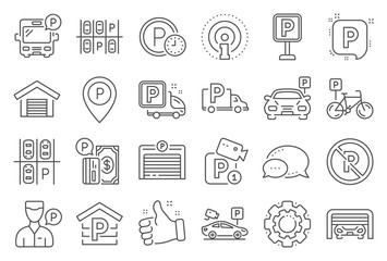 Parking line icons. Car garage, Valet servant and Paid transport parking icons. Video monitoring, Bike or Car park and Truck or Bus transport garage. Money payment, Map pointer and Free park. Vector