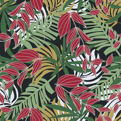 Abstract seamless pattern with colorful tropical leaves and plants on grey background. Vector design. Jungle print. Floral background. Printing and textiles. Exotic tropics. Summer.