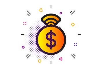 Dollar exchange sign. Halftone circles pattern. Contactless payment icon. Finance symbol. Classic flat contactless payment icon. Vector
