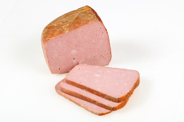 Tasty meat sausages over white background