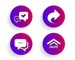 Share, Approve and Message icons simple set. Halftone dots button. Swipe up sign. Link, Accepted message, Chat bubble. Scrolling arrow. Business set. Classic flat share icon. Vector