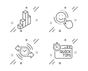 Smile, Timer and 3d chart line icons set. Quick tips sign. Positive feedback, Stopwatch, Presentation column. Helpful tricks. Technology set. Line smile outline icon. Vector