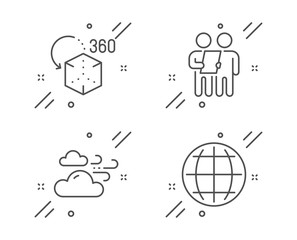 Windy weather, Survey and Augmented reality line icons set. Globe sign. Cloud wind, Contract, Virtual reality. Internet world. Science set. Line windy weather outline icon. Vector