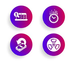 Time, Online accounting and Cashback icons simple set. Halftone dots button. Chemical hazard sign. Clock, Web audit, Financial transfer. Toxic. Education set. Classic flat time icon. Vector