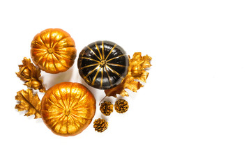 Flat lay autumn composition.Pumpkins, leaves, acorns, golden cones on a white background Frame copy space. Template fall harvest thanksgiving halloween anniversary  cards Top view